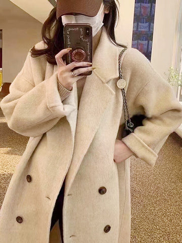 Airchics manteau en laine longue double boutonnage avec poches épaule tombante femme oversized